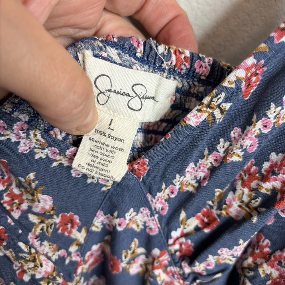 Jessica Simpson Blue Floral Jump Suit Size L Cottagecore Wide Leg Boho - Picture 4 of 9
